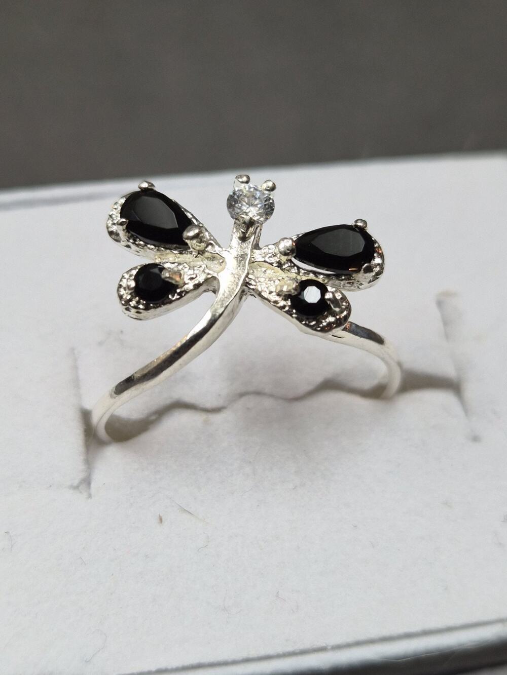 925 Sterling Silver Black Onyx CZ Butterfly Ring Marquise Round Stones Size 7